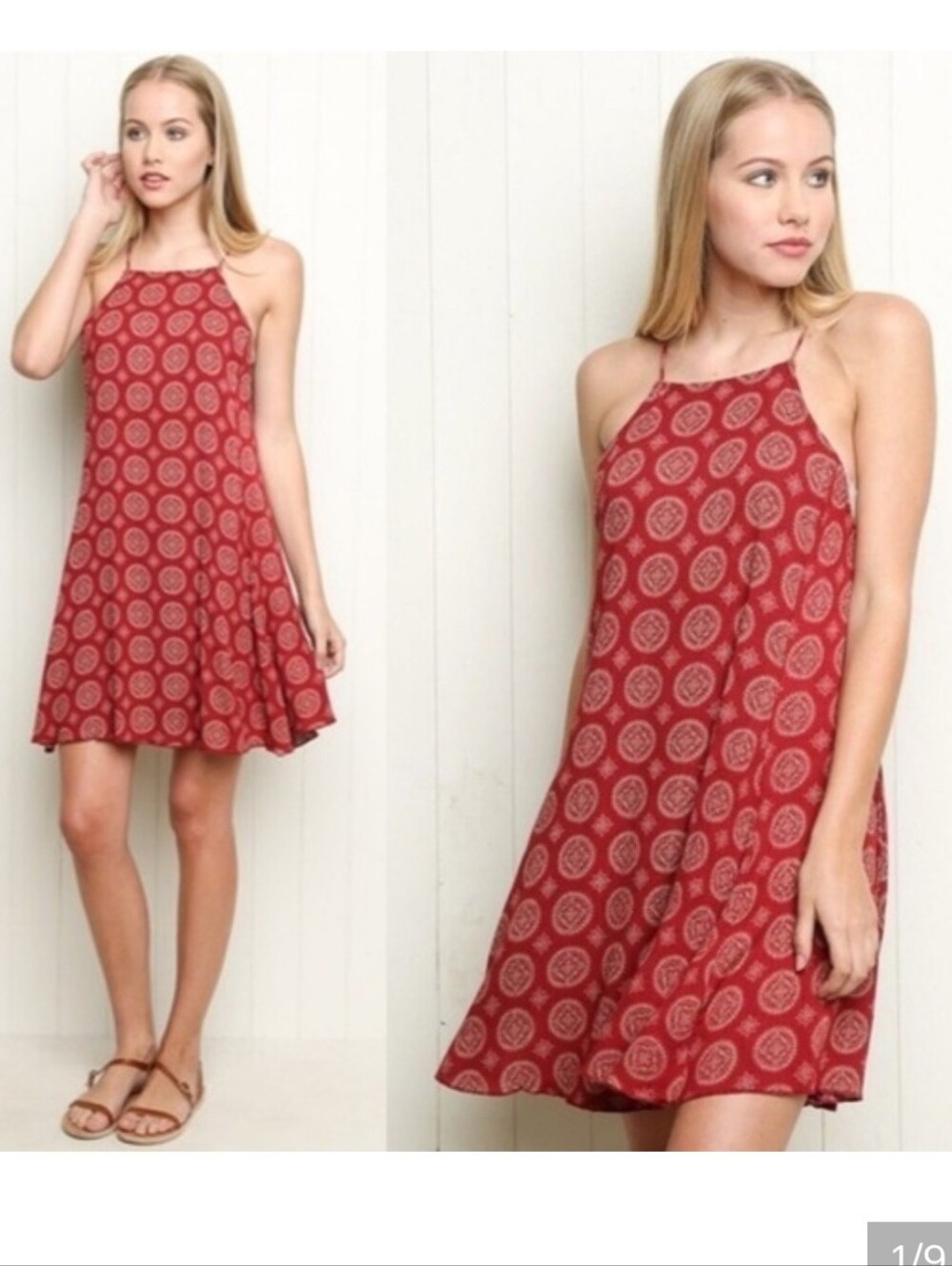 Brandy Melville Red Printed Halter Swing Dress